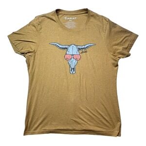 Ariat Shirt Womens 2XL Mustard Graphic Longhorn Skull Sunglasses Western Tee
